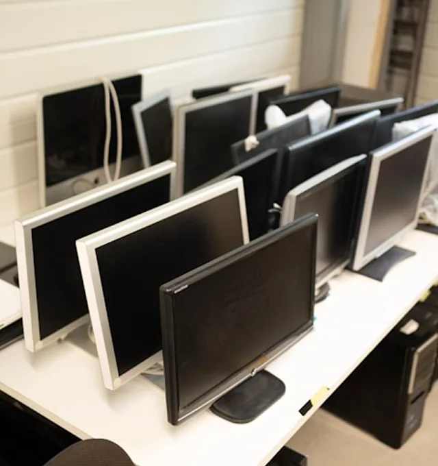 Rows of desktop monitors laid out on a bench, ready for deployment
